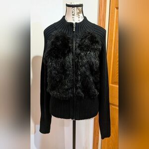 Relativity Black Zip Up Faux Fur Chest Zip Jacket Size Petite XLarge Mob Wife